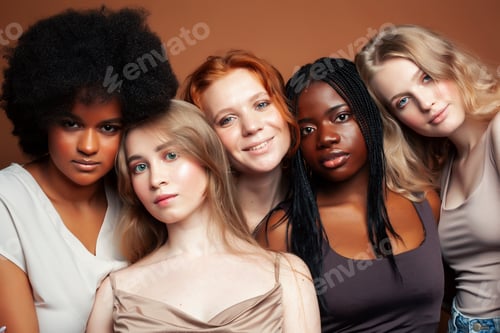 Preview: Young Pretty Asian, Caucasian, Afro Woman Posing Cheerful Together On Brown Background, Lifestyle
