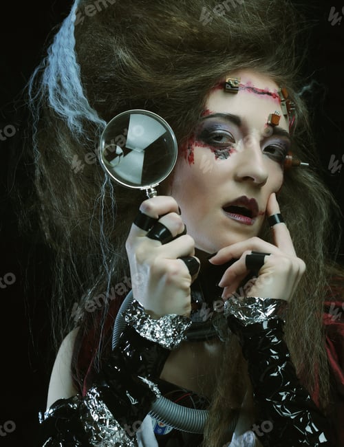 Preview: Young Woman With Creative Make Up Holding A Magnifying Glass
