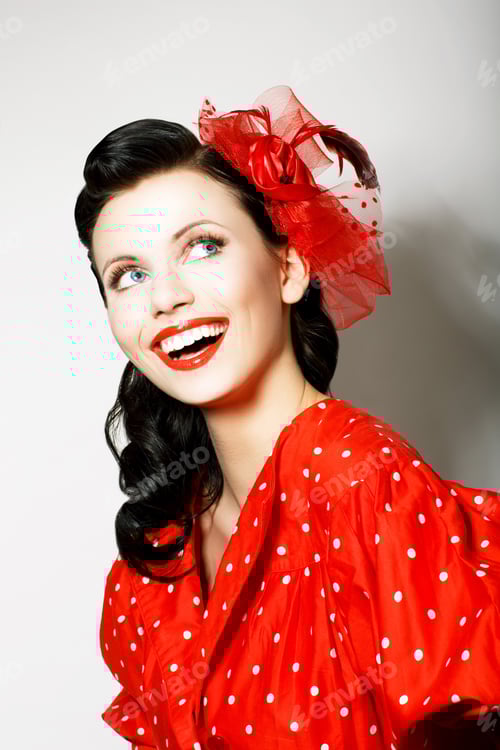 Preview: Retro Style. Elation. Portrait Of Happy Toothy Smiling Woman In Pin Up Red Dress