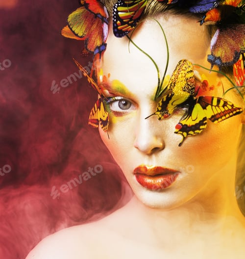 Preview: Woman With Summer Creative Make Up Like Fairy Butterfly Closeup