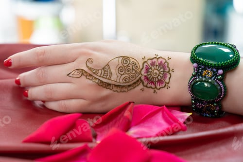 Preview: Oriental Picture On Woman Hand Palm, Horizontal Banner. Mehendi Traditional Decoration, Resistant