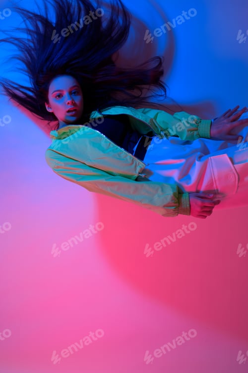 Preview: The Brunette Dances In Neon, The Dancer In Red-Blue. Hip Hop Girl, Party, Smile.