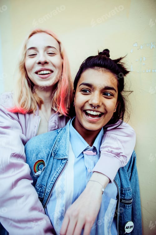 Preview: Two Teenage Girls Infront Of University Building Smiling, Having
