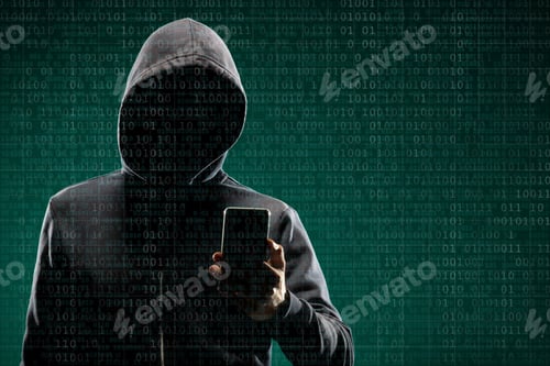 Preview: Computer Hacker In Mask And Hoodie Over Abstract Binary Background. Obscured Dark Face. Data Thief