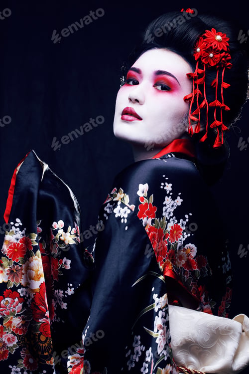 Preview: Young Pretty Geisha In Kimono With Sakura And Decoration