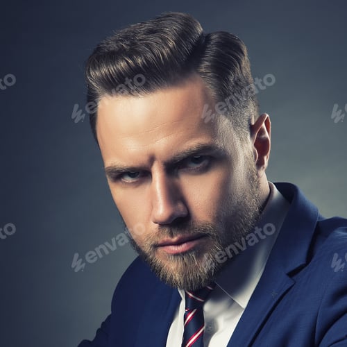 Preview: Young Handsome Bearded Caucasian Man With Blue Eyes Sitting On Chair. Perfect Skin And Hairstyle