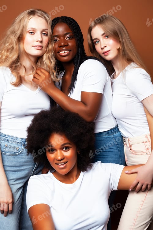 Preview: Young Pretty Caucasian, Afro, Scandinavian Woman Posing Cheerful Together On Brown Background