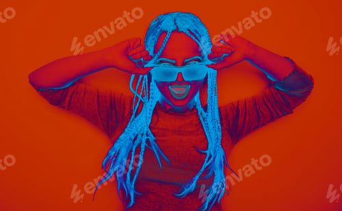Preview: Girl With Dreadlocks, Pigtails Dancing, Bright Neon Photo On The Cover Of A Music Album, Dance