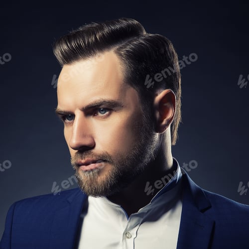 Preview: Portrait Of Handsome Stylish Caucasian Young Man In Elegant Blue Suit With Perfect Hair Style. Toned