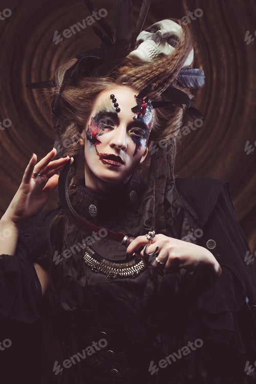 Preview: Young Witch Hloding Sickle. Bright Make Up, Skull, Smoke- Halloween Theme. Studio Shot.