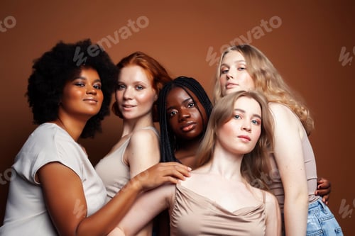 Preview: Young Pretty Caucasian, Afro, Scandinavian Woman Posing Cheerful Together On Brown Background