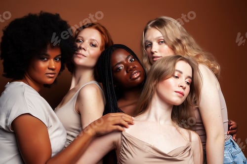 Preview: Young Pretty Caucasian, Afro, Scandinavian Woman Posing Cheerful Together On Brown Background