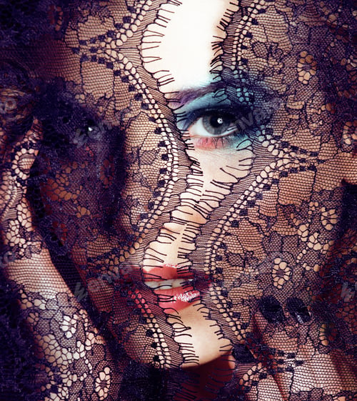 Preview: Portrait Of Beauty Young Woman Through Lace, Bright Make Up Smiling, Manicure On Hands