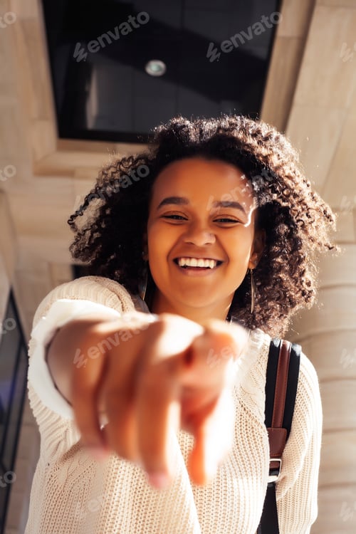 Preview: Young Pretty African Girl Posing Cheerful On City Background, Lifestyle Outdoor People Concept