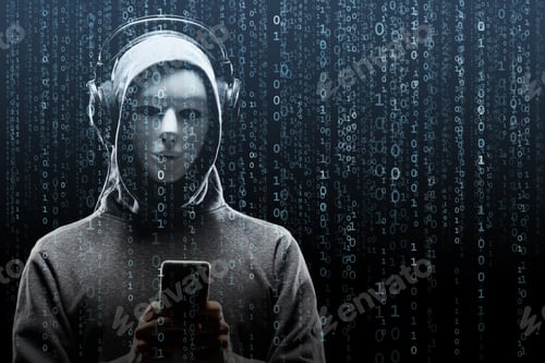 Preview: Computer Hacker In Mask And Hoodie Over Abstract Binary Background. Obscured Dark Face. Data Thief