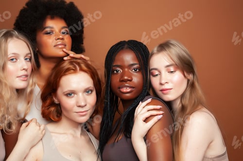 Preview: Young Pretty Asian, Caucasian, Afro Woman Posing Cheerful Together On Brown Background, Lifestyle