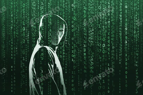 Preview: Computer Hacker In Mask And Hoodie Over Abstract Binary Background. Obscured Dark Face. Data Thief