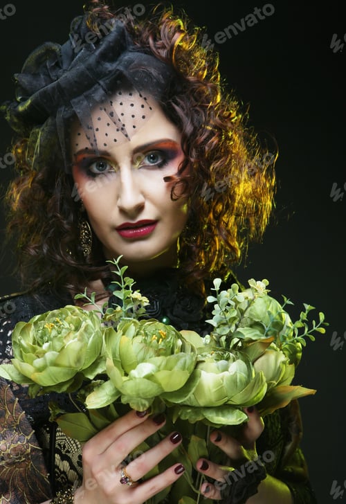 Preview: Close Up Portrait Redhair Woman With Bright Creative Make Up Holding Dry Flowers