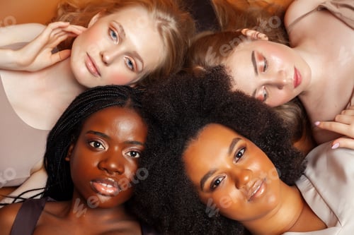 Preview: Young Pretty Caucasian, Afro, Scandinavian Woman Posing Cheerful Together On Brown Background