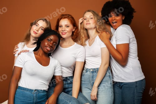 Preview: Young Pretty Asian, Caucasian, Afro Woman Posing Cheerful Together On Brown Background, Lifestyle