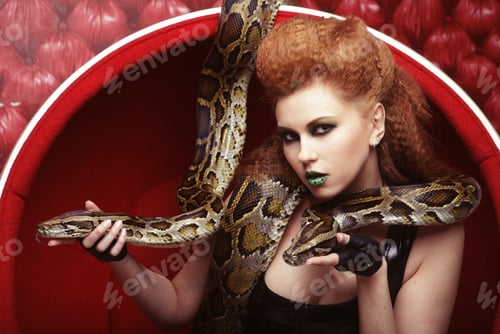 Preview: Attractive Red Woman In Red Chair Holdung Python