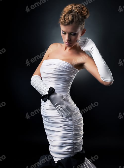Preview: Bride Blonde In White Wedding Dress And Gloves - Series Of Photos