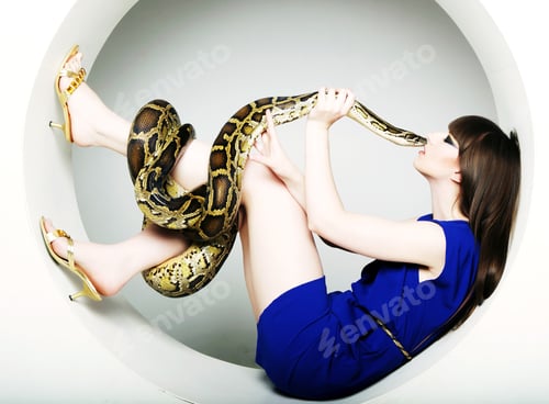 Preview: Young Woman In Blue Dress With Python