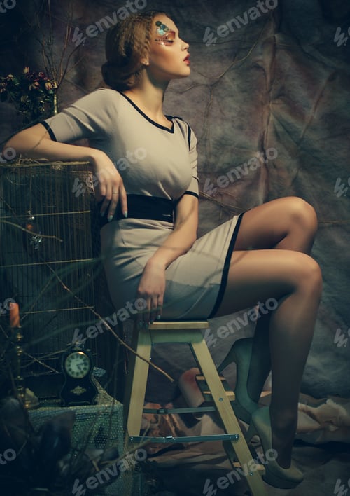 Preview: Young Fashion Model Woman With Creative Make Up Sitting On A Stool In Drama Decoration
