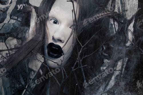 Preview: Extravagant Woman With Dress Paper News. Creative Visage, Dark Side.