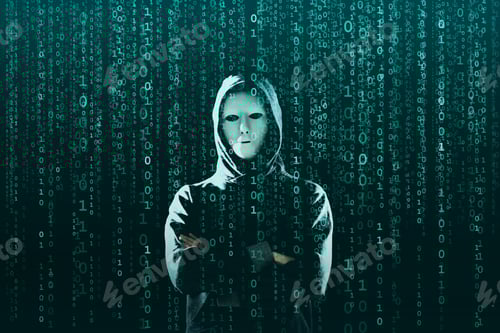 Preview: Computer Hacker In Mask And Hoodie Over Abstract Binary Background. Obscured Dark Face. Data Thief