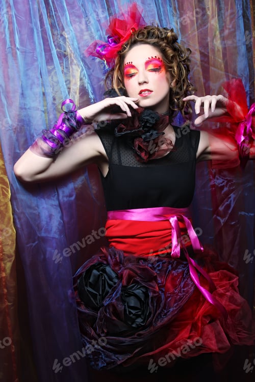 Preview: Fashion Shot Of Woman In Doll Style. Creative Make-Up.Fantasy Dress.