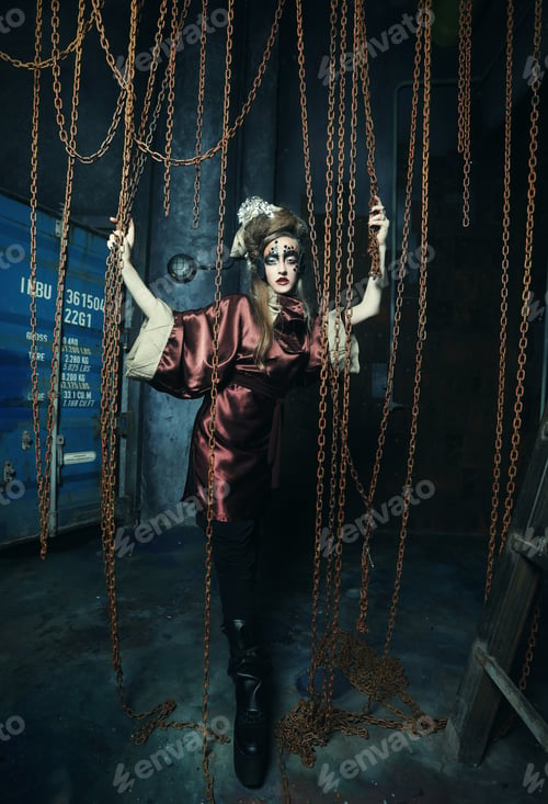 Preview: Aggressive Stylish Steampunk Lady In A Creative Interior. Art An Fashion Concept.