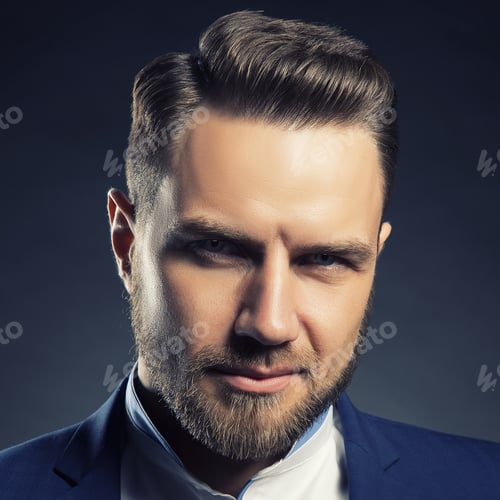 Preview: Portrait Of Handsome Stylish Caucasian Bearded Young Man In Elegant Blue Suit And White Shirt With