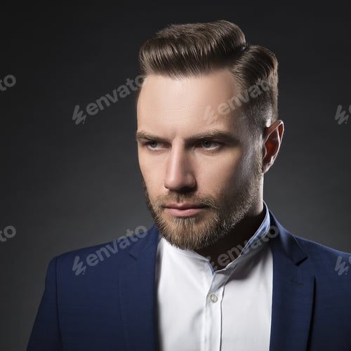 Preview: Portrait Of Handsome Stylish Caucasian Young Man In Elegant Blue Suit With Perfect Hair Style