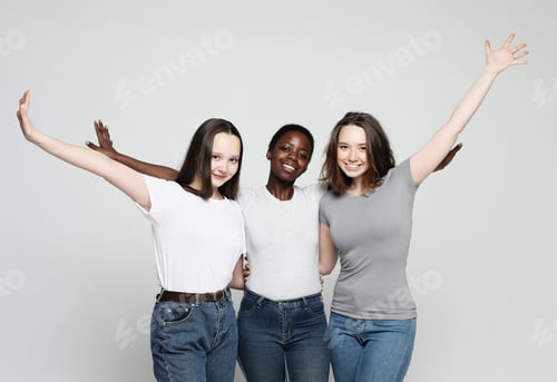Preview: Multiethnic Friendship Concept. Cheerful European, Asian And African Womens In Good Mood Showing Ok