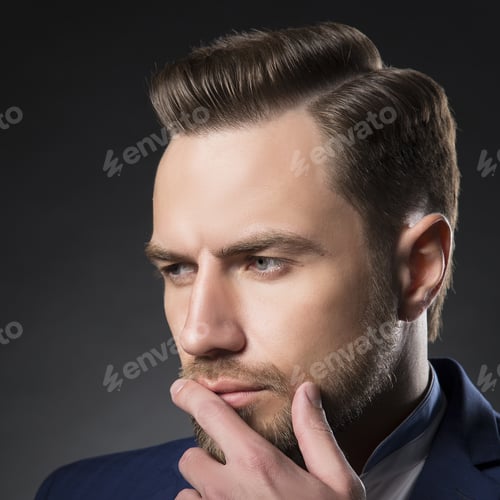 Preview: Young Handsome Thoughtful Bearded Caucasian Man With Blue Eyes And A Hand Near Chin. Perfect Skin