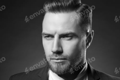 Preview: Portrait Of Handsome Stylish Caucasian Young Man In Elegant Blue Suit With Perfect Hair Style
