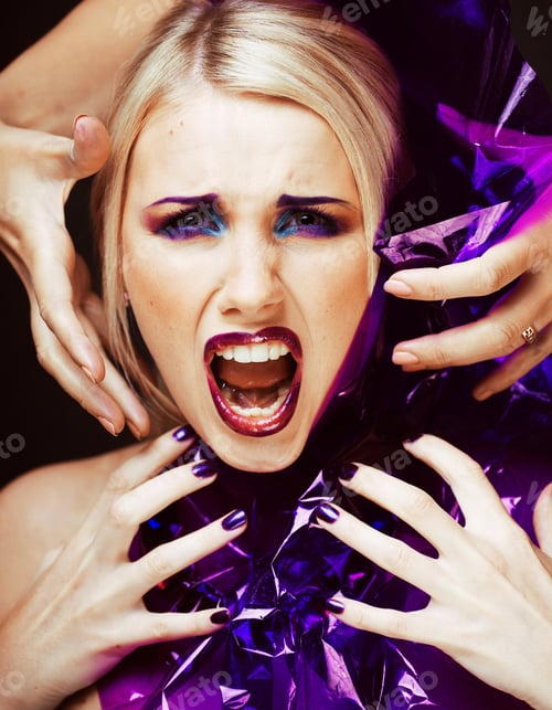 Preview: Beauty Woman With Creative Make Up, Many Fingers On Face