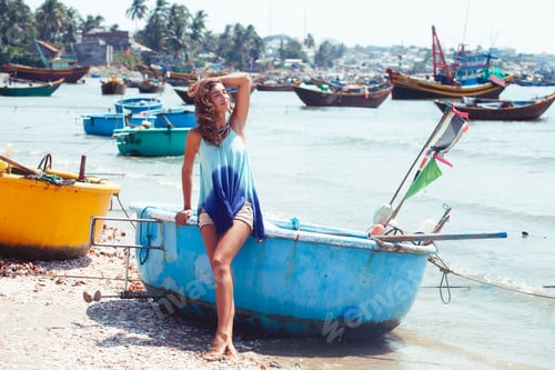 Preview: Cute Smiling Young Real Woman In Asian Country Sea Port, Vietnam Traveller Lifestyle