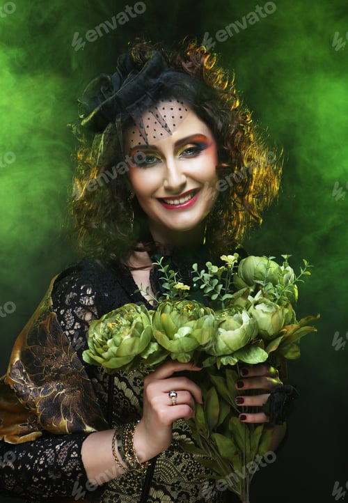 Preview: Young Curly Woman With Brigt Visage Holding Big Green Flowers