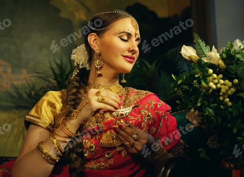 Preview: Portrait Smiling Of Beautiful Indian Girl At Home. Young Woman Model With Golden Jewelry Set .