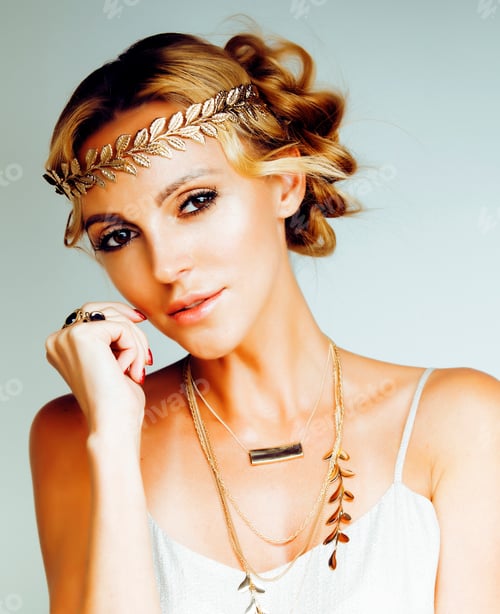 Preview: Young Blond Woman Dressed Like Ancient Greek Godess, Gold Jewelry Close Up Isolated, Summer Trends
