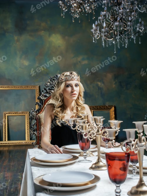 Preview: Young Blond Woman Wearing Crown In Fairy Luxury Interior With Empty Antique Frames Total Wealth
