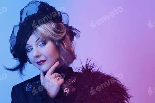 Preview: Elegant Middle-Aged Woman In A Black Hat With A Veil And A Luxury Dress. Vintage Style.