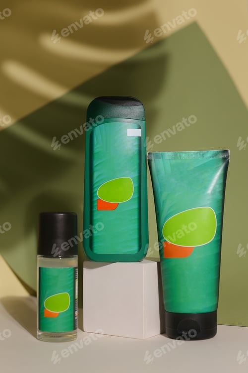 Preview: Eco Friendly Bottle Or Jar And Tube With Natural Skincare Cosmetics, Creams Or Oils On Light