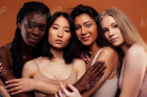 Preview: Young Pretty Asian, Caucasian, Afro Woman Posing Cheerful Together On Brown Background, Lifestyle