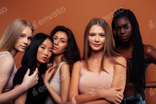 Preview: Young Pretty Asian, Caucasian, Afro Woman Posing Cheerful Together On Brown Background, Lifestyle