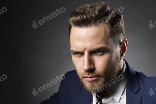 Preview: Young Handsome Bearded Caucasian Man With Blue Eyes Sitting On Chair. Perfect Skin And Hairstyle