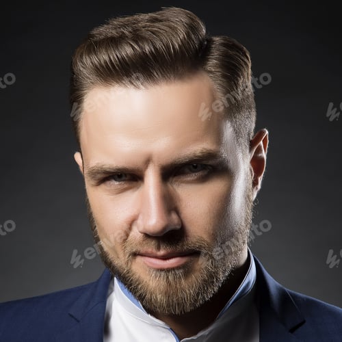 Preview: Portrait Of Handsome Stylish Caucasian Bearded Young Man In Elegant Blue Suit And White Shirt With