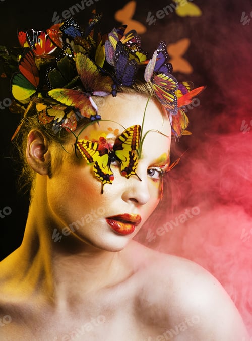 Preview: Woman With Summer Creative Make Up Like Fairy Butterfly Closeup Bright Colored Background, Spring